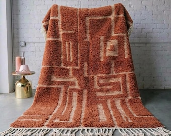 Terrakotta Wollteppich | Handgefertigter Marokkanischer Wollteppich | Rost Orange Geometrischer Teppich | Dicker Flor Berber Wohnzimmer Teppich