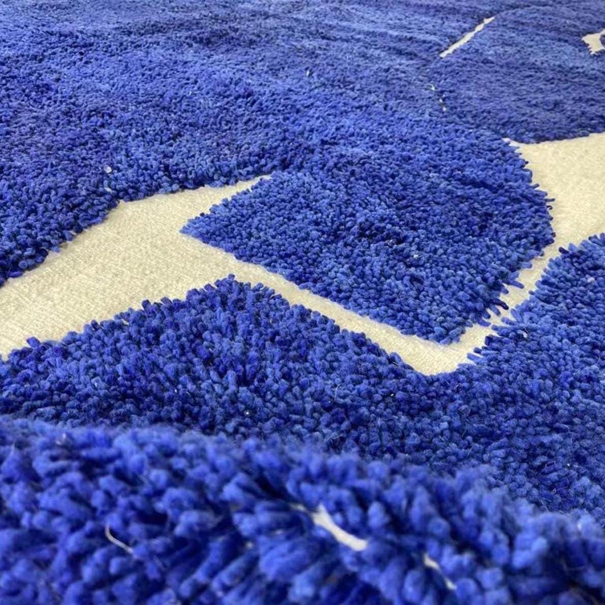 Blue Moroccan Rug - Electric Blue Abstract Wool Carpet - Handmade