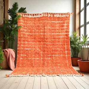 Moroccan Wool Area Rug – Terracotta Beni Ourain Carpet – Handwoven Berber Grid Rug – Boho Minimalist Wool Floor Decor - Free shipping