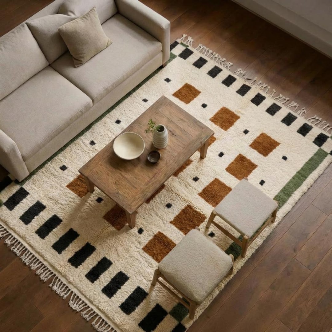 Ivory Azilal Rug With Cognac Squares, Moroccan Wool Area Rug