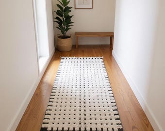 Black and Ivory Moroccan Wool Runner, Handmade Berber Hallway Rug with Minimalist Geometric Pattern, Long Wool Carpet