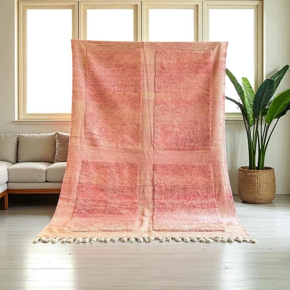 Moroccan Wool Area Rug – Pink Beni Ourain Wool Carpet – Handwoven Berber Boho Minimalist Wool Rug – Soft Modern Floor Decor - Free Shipping