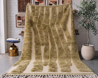 Olive Green Moroccan Rug, Handmade High Low Wool Rug, Sculpted Ivory Berber Area Rug, Textured Moroccan Carpet, Custom Size Living Room Rug