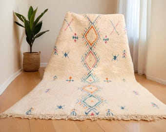Berber Moroccan Rug – Cream Wool with Multicolor Tribal Diamond Pattern, Authentic Berber Boho Carpet for Living Room & Bedroom Décor
