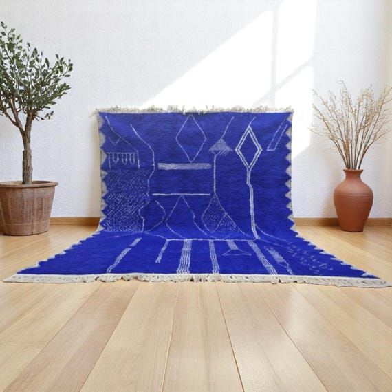 Blue Moroccan Rug – Handwoven Berber Wool Carpet – Tribal Abstract Design – Beni Ourain Style Area Rug – Boho Floor Decor - Free shipping