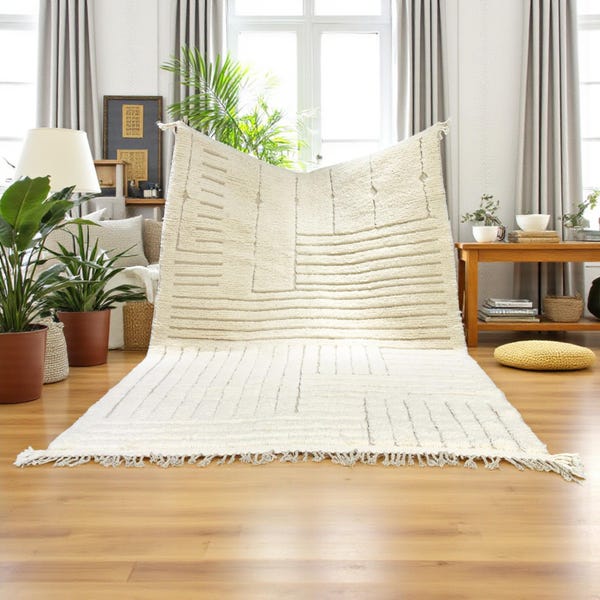 Ivory Moroccan Wool Rug – Minimalist Handmade Carpet – Custom Beni Ourain Style Rug – Soft Berber Living Room or Bedroom Decor - Wool Rugs