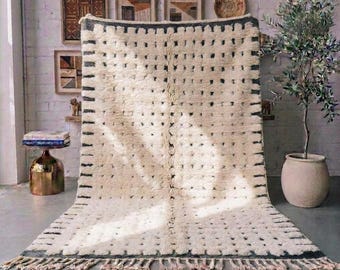 Ivory Black Moroccan Rug, Minimalist Wool Rug, Handmade Berber Area Rug, Modern High Pile Carpet, Custom Neutral Statement Rug