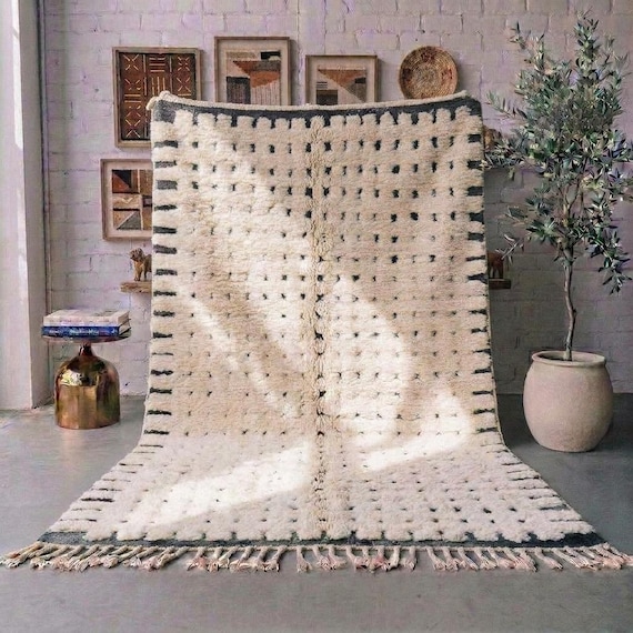 Ivory Black Moroccan Rug, Minimalist Wool Rug, Handmade Berber Area Rug, Modern High Pile Carpet, Custom Neutral Statement Rug