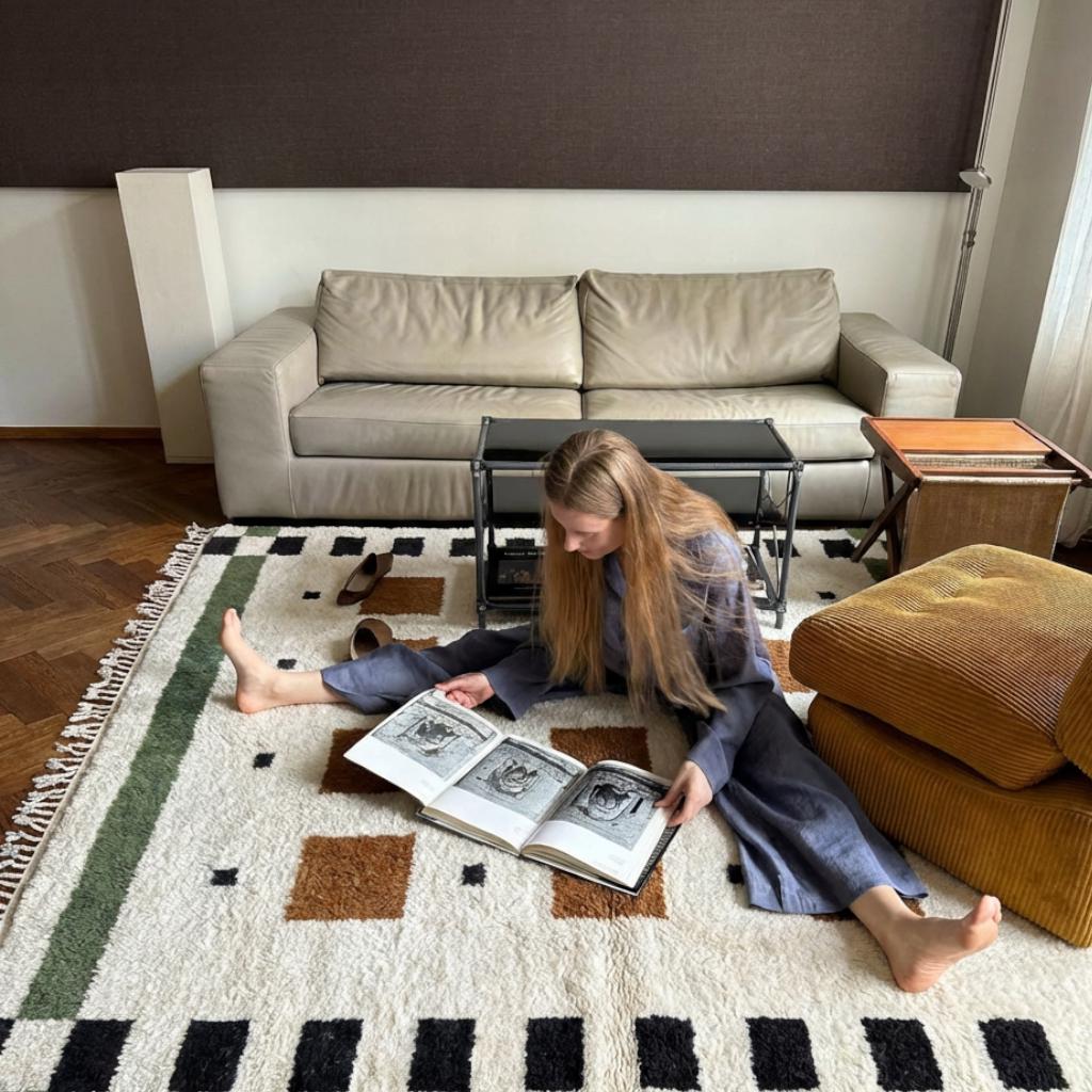 Ivory Azilal Rug With Cognac Squares, Moroccan Wool Area Rug