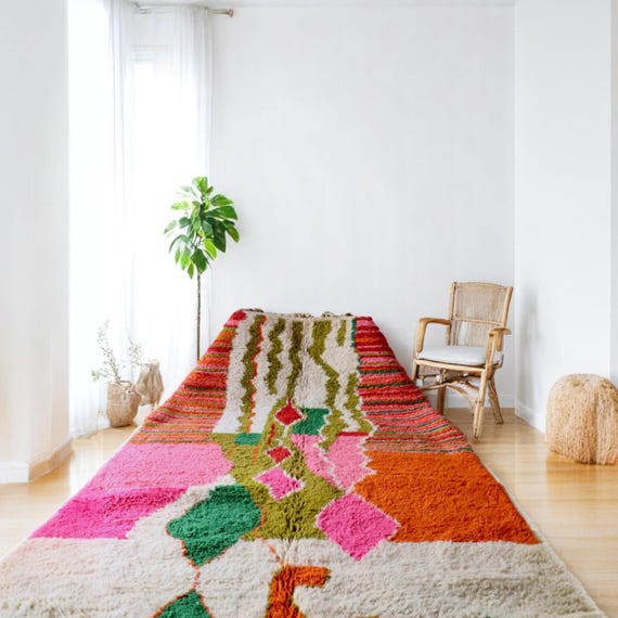 新品未使用　Moroccan boucherouite rug ポシャルウィット Colorful Moroccan Boucherouite Rug - Handmade Boho Wool Carpet