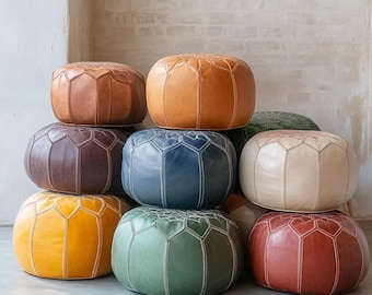 Moroccan POUF **70% OFF** with White Stitching Leather Pouf Ottoman Pouf Morrocan Leather Pouf Moroccan Pouffe, Home gifts, Wedding Gifts