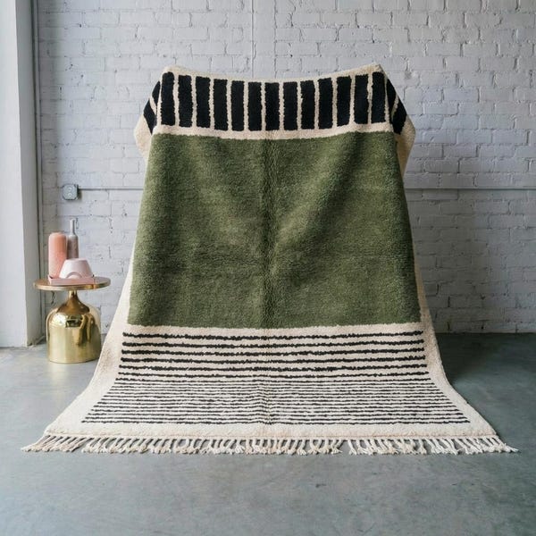 Olive Green Moroccan Rug - Geometric Striped Berber Carpet - Handmade Black & Green Wool Rug - Japandi Boho Decor - Custom High Pile Shag
