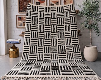 Black Ivory Moroccan Rug, Handmade Geometric Wool Rug, Basketweave Berber Area Rug, High Pile Beni Mrirt Carpet, Custom Size Rug