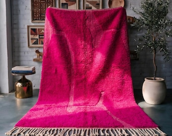 Fuchsia Pink Moroccan Wool Rug, Handmade High Pile Berber Carpet, Bold Modern Solid Color Area Rug