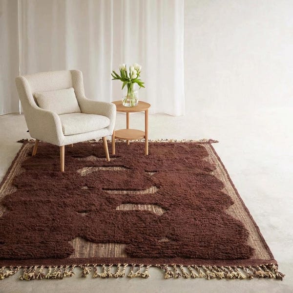 Sassafras Brown Moroccan Rug - High Low 3D Sculptural Wool Carpet - Handmade Chocolate Area Rug - Japandi Minimalist Decor - Custom Carpet