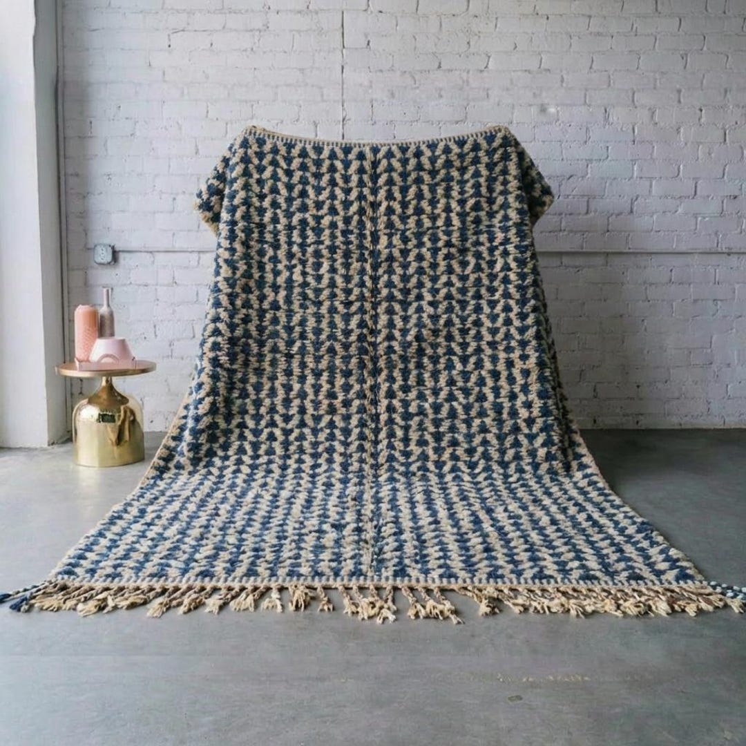 Modern Blue and Off-white Moroccan Rug - Abstract Blue Wool Carpet ...