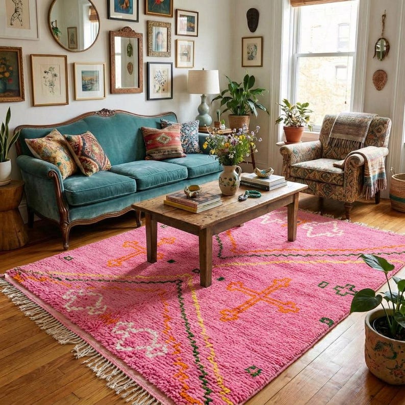 A plush, handwoven Moroccan Boujad rug featuring a vibrant hot pink base adorned with neon orange crosses, white diamonds, and green zigzag geometric patterns. The brightly colored wool carpet is draped elegantly against a white painted brick wall next to a gold accent table with pink pillar candles, perfectly capturing a playful maximalist and dopamine decor aesthetic.