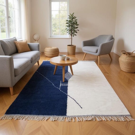 Navy Blue and Ivory Moroccan Wool Rug, Handmade Berber Carpet with Modern Minimalist Split Design, Large Living Room Wool Rug