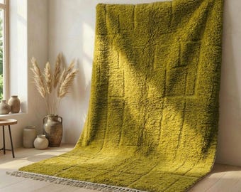 Moroccan Rug Chartreuse Olive Tonal Grid Texture | Handmade Wool Berber Carpet | Bold Green Boho Living Room Area Rug | Custom Size