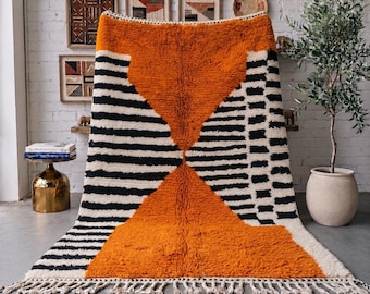 Burnt Orange Moroccan Rug, Handmade Abstract Wool Rug, Black Ivory Striped Berber Area Rug, High Pile Beni Mrirt Carpet, Custom Size Rug