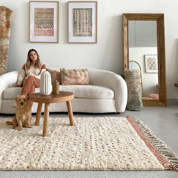 Cream Dotted Moroccan Rug, Ivory Molten Lava Dot Berber Wool Area
