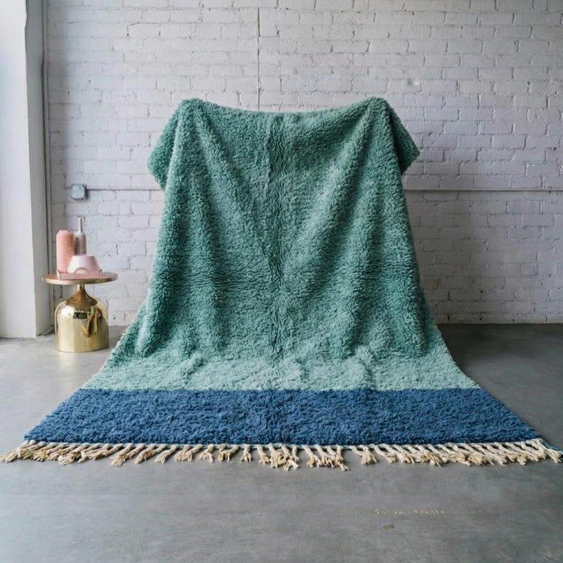 Draped Rugs Pistachio & Blue Moroccan Rug - Two Tone Minimalist Wool Carpet ...