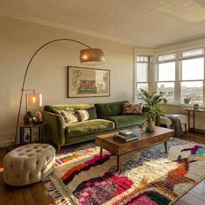 Colorful Moroccan wool rug in a boho living room, featuring an ivory base with abstract patchwork blocks in pink, orange, green, burgundy, black, yellow, and mint, plus playful linear motifs and braided ivory fringes. The rug has a plush high pile and hand-knotted texture, styled under a round rattan coffee table with a cream sofa, earthy pillows, woven pouf, plants, macramé wall art, and warm natural light. A vibrant Azilal rug for boho, eclectic, kids room, and creative interiors.