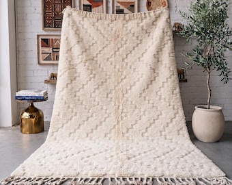Ivory Moroccan Rug, Handmade Sculpted Wool Rug, Textured Geometric Berber Area Rug, High Low Beni Mrirt Carpet, Custom Size Wool Rug