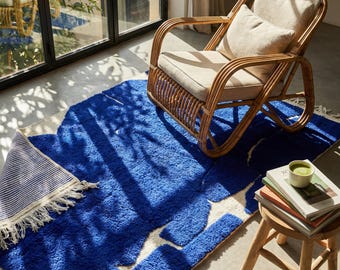 Blue Moroccan Rug - Electric Blue Abstract Wool Carpet - Handmade