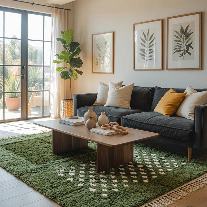 A plush handwoven Moroccan Berber rug in a rich moss green. The thick wool carpet features a solid dark green band near the top and a lighter mossy green base beautifully adorned with small, cream-colored geometric diamond motifs at the bottom. It is draped elegantly against a white painted brick wall next to a gold accent table with trailing ivy, perfectly capturing a warm, earthy, and organic modern interior design aesthetic.