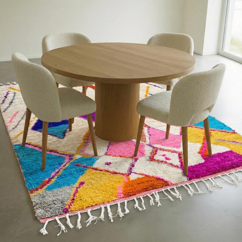 Authentic handmade Moroccan Boujaad rug featuring bold geometric diamond patterns in vibrant multicolor — electric blue, fuchsia pink, orange, yellow and purple on ivory wool background. Hand-knotted by Berber artisans in Morocco using natural wool. Perfect boho statement rug for living room, bedroom or dining room. One-of-a-kind colorful area rug with traditional fringe.
