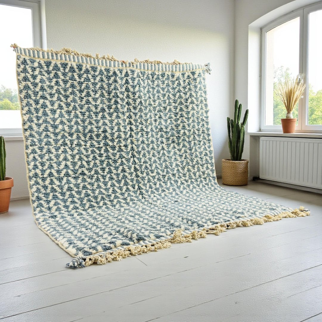 Light Blue Moroccan Rug – Handmade Wool Carpet, Indian Teal Geometric ...