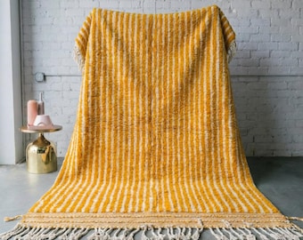 Moroccan Rug Radiant Yellow Ivory Vertical Stripe | Handmade Wool Berber Carpet | Bold Yellow Living Room Area Rug | Custom Size