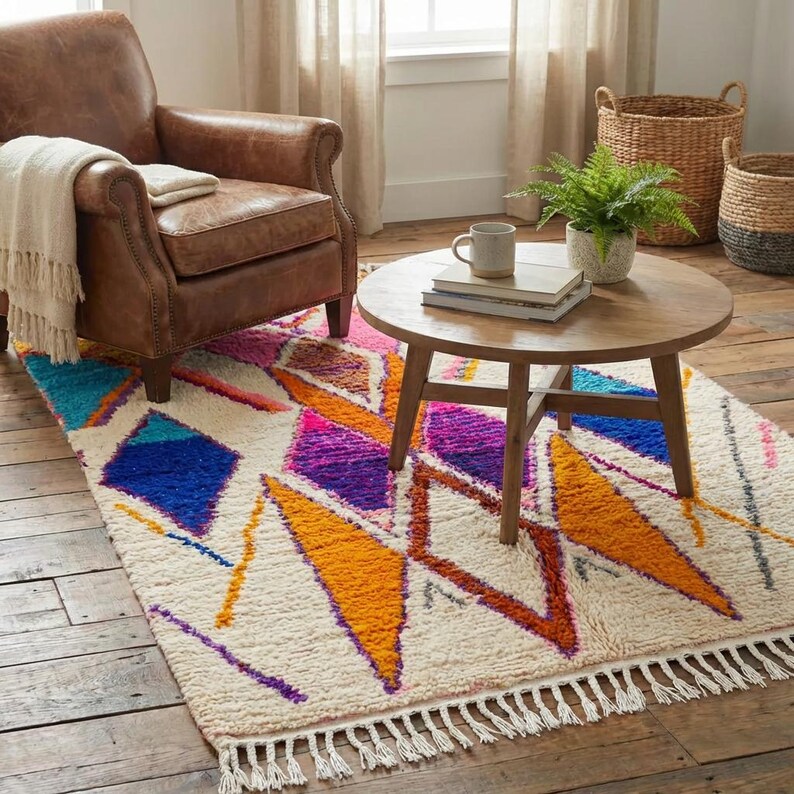 Authentic handmade Moroccan Boujaad rug featuring bold geometric diamond patterns in vibrant multicolor — electric blue, fuchsia pink, orange, yellow and purple on ivory wool background. Hand-knotted by Berber artisans in Morocco using natural wool. Perfect boho statement rug for living room, bedroom or dining room. One-of-a-kind colorful area rug with traditional fringe.