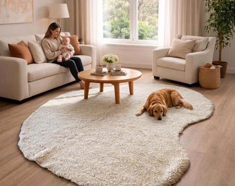 Moroccan Beni Ourain Rug Ivory White Organic Shape Custom | Handmade Wool Berber Carpet | Soft Family Living Room Area Rug | Custom Size