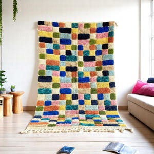 Colorful Moroccan Rug – Rainbow Beni Ourain Wool Carpet – Geometric Modern Handmade Berber Rug – Bright Boho Decor – Custom Sizes - Wool Rug