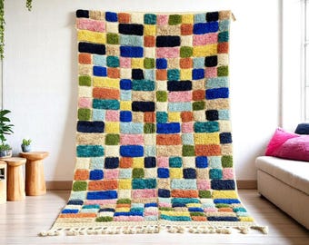 Colorful Moroccan Rug – Rainbow Beni Ourain Wool Carpet – Geometric Modern Handmade Berber Rug – Bright Boho Decor – Custom Sizes - Wool Rug