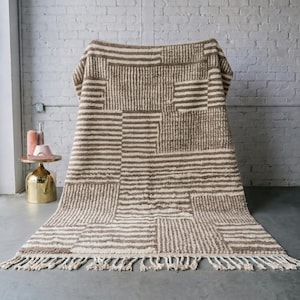 Handmade Moroccan Wool Rug Ivory Travertine Stripe Patchwork | Beni Ourain Geometric Berber Carpet | Neutral Boho Area Rug | Custom Size
