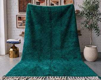 Deep Teal Moroccan Rug, Handmade Solid Wool Rug, Minimalist Berber Area Rug, High Pile Beni Ourain Carpet, Custom Size Living Room Rug