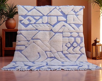 Handmade Moroccan Rug – Pastel Lavender Blue and Cream Wool Carpet with Abstract Geometric Design, Modern Berber Area Rug for Home Décor