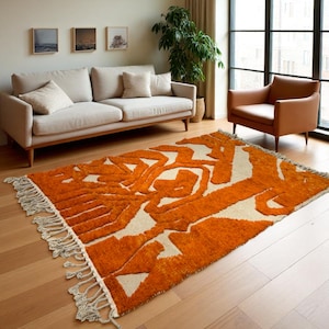Orange Moroccan Rug – Bold Abstract Wool Carpet – Handmade Beni Ourain Floor Rug – Modern Berber Boho Living Room Decor