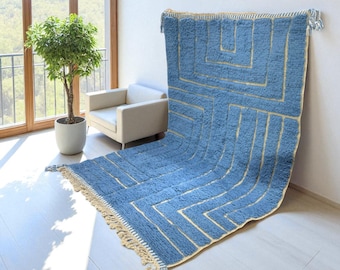 Alfombra marroquí de lana – Alfombra Beni Ourain geométrica azul – Alfombra bereber tejida a mano con laberinto – Decoración de suelo minimalista bohemia de lana - Envío gratuito