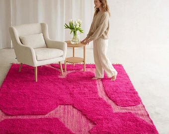 Moroccan Boujaad Rug Hot Pink Fuchsia Tonal Abstract Shapes | Handmade Wool Berber Carpet | Bold Pink Living Room Area Rug | Custom Size