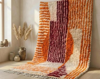 Handgefertigter Marokkanischer Boujaad Teppich Orange Burgund | Abstrakter Zottelteppich | Bunter Boho Berber Teppich | Benutzerdefinierte Größe