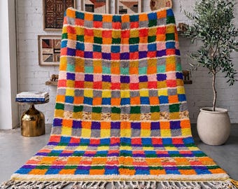 Colorful Moroccan Rug, Handmade Checkerboard Wool Rug, Multicolor Berber Area Rug, High Pile Carpet, Custom Size Living Room Area Rug