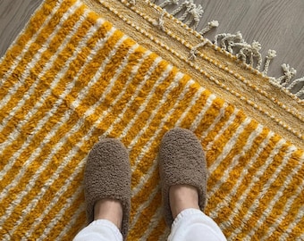 Handmade Moroccan Rug Saffron Yellow Ivory Stripe Cozy Bedroom | Handmade Wool Berber Carpet | Warm Yellow Area Rug | Custom Size Available