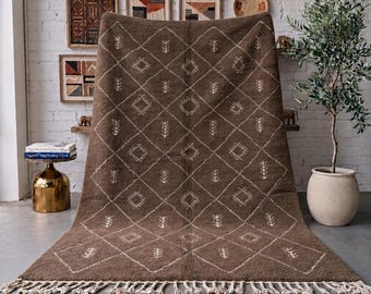 Brown Ivory Moroccan Rug, Handmade Tribal Wool Rug, Diamond Berber Area Rug, High Pile Beni Mrirt Carpet, Custom Size Living Room Rug