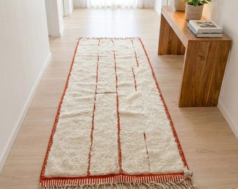 Molten Lava Moroccan Runner Rug, Handmade Berber Wool Hallway Runner, Off White Modern Rug, Minimalist Moroccan Carpet, Long Wool Runner