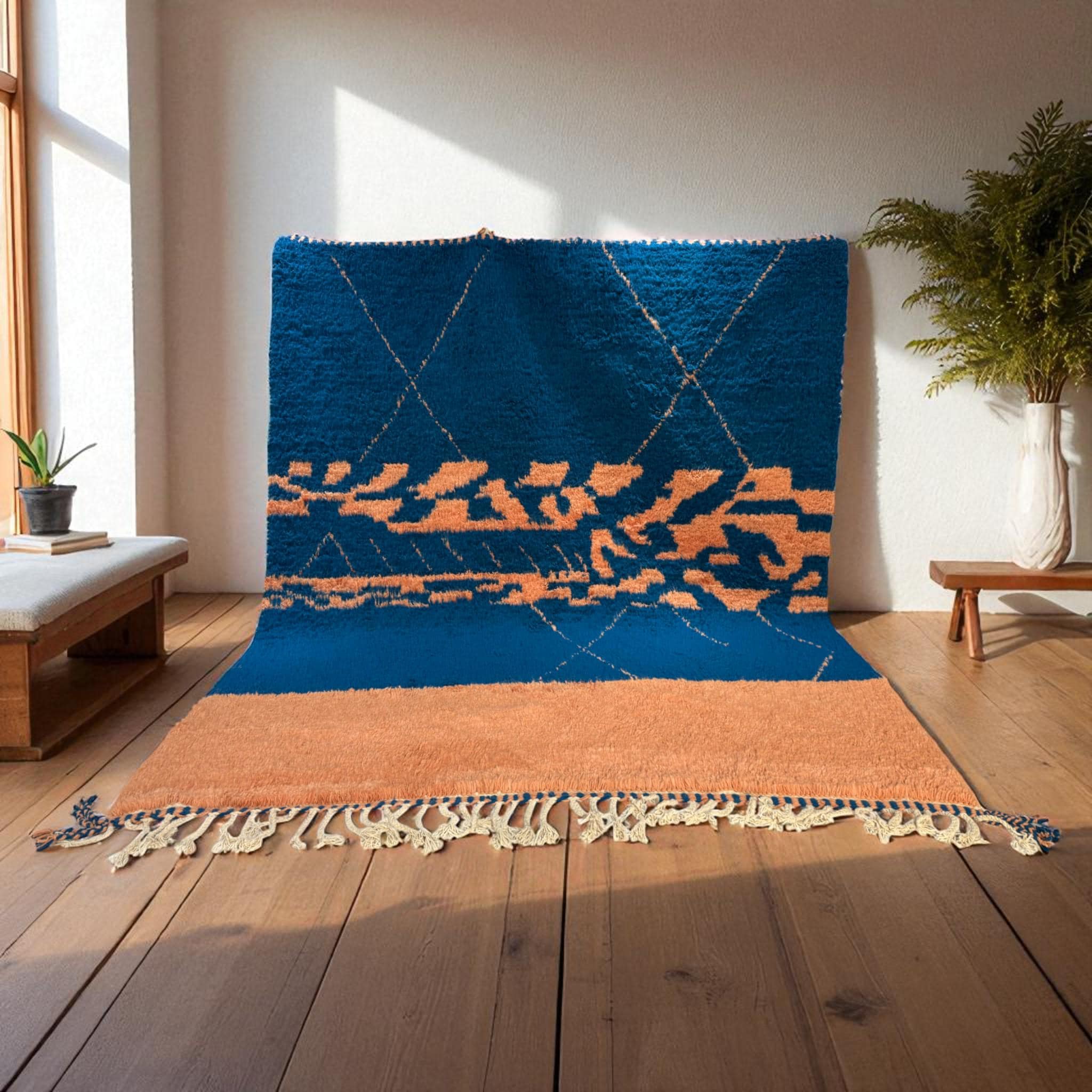 Moroccan Rug Handwoven Wool | Blue Peach Abstract Beni Ourain