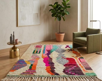 Multicolor Boujaad Rug | Handmade Moroccan Wool Carpet | Colorful Abstract Berber Area Rug | Ivory Thick Pile Living Room